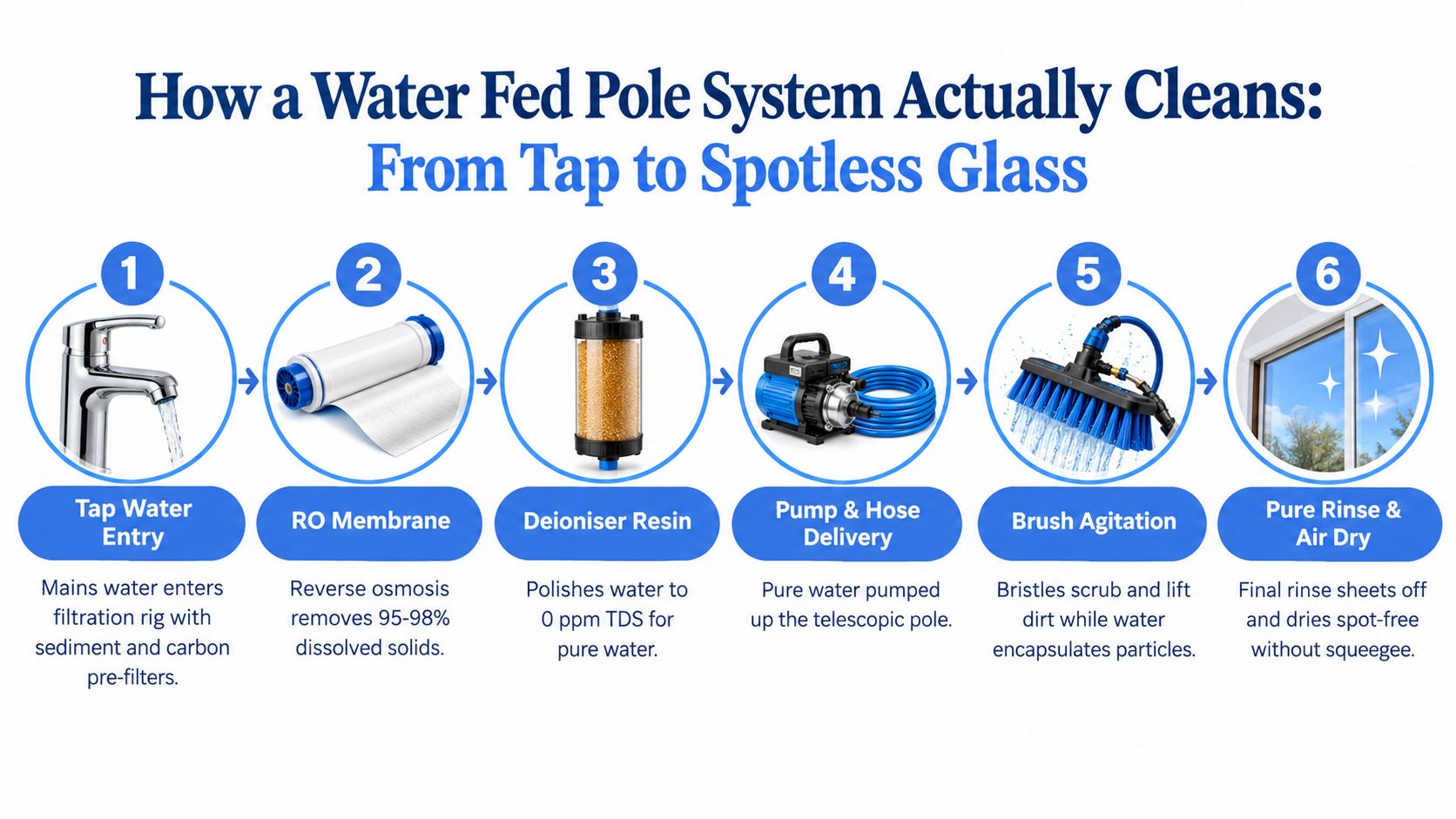 A six-step infographic showing the water fed pole window cleaning process from tap to spotless glass.