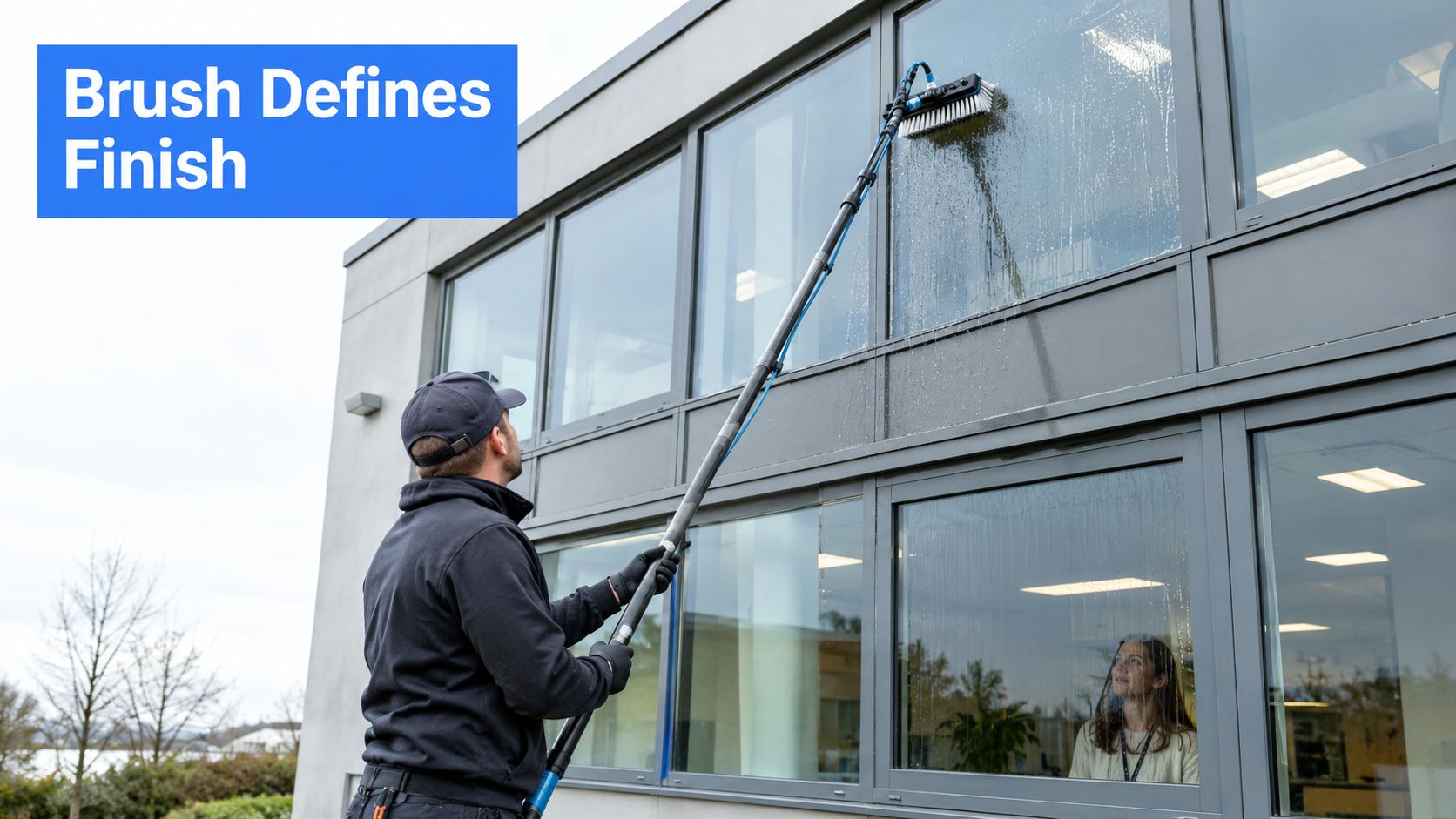 A professional window cleaner uses a long water-fed pole with a brush to clean office building windows.