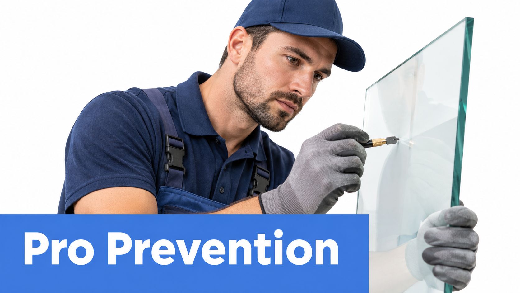 A professional glazier in uniform and protective gloves carefully scores a sheet of glass with a tool.