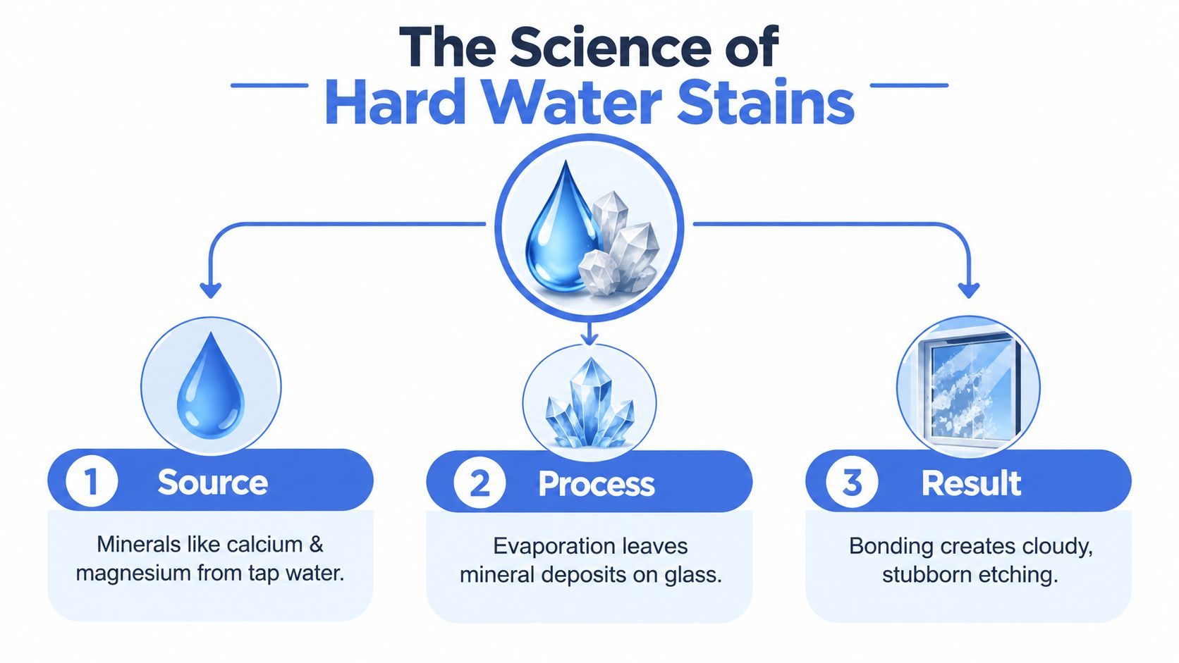 A diagram illustrating the science of hard water stains on windows, from mineral source to final etching.