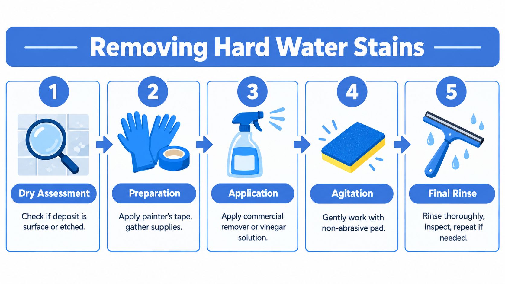 A five-step infographic illustration showing the procedure for removing hard water stains from glass surfaces.