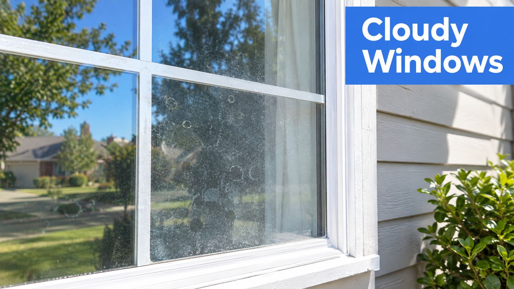 A close-up view of a residential window showing hard water mineral deposits and cloudy streaks on glass.