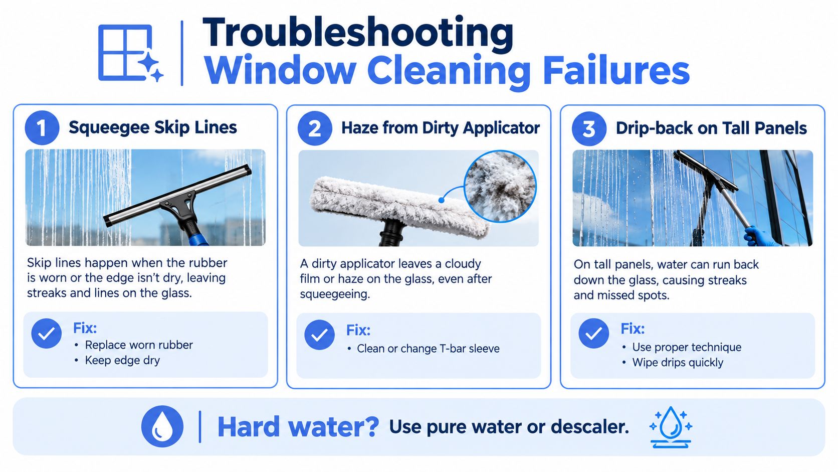 An infographic showing common window cleaning problems like squeegee skip lines, haze, and drips with recommended solutions.