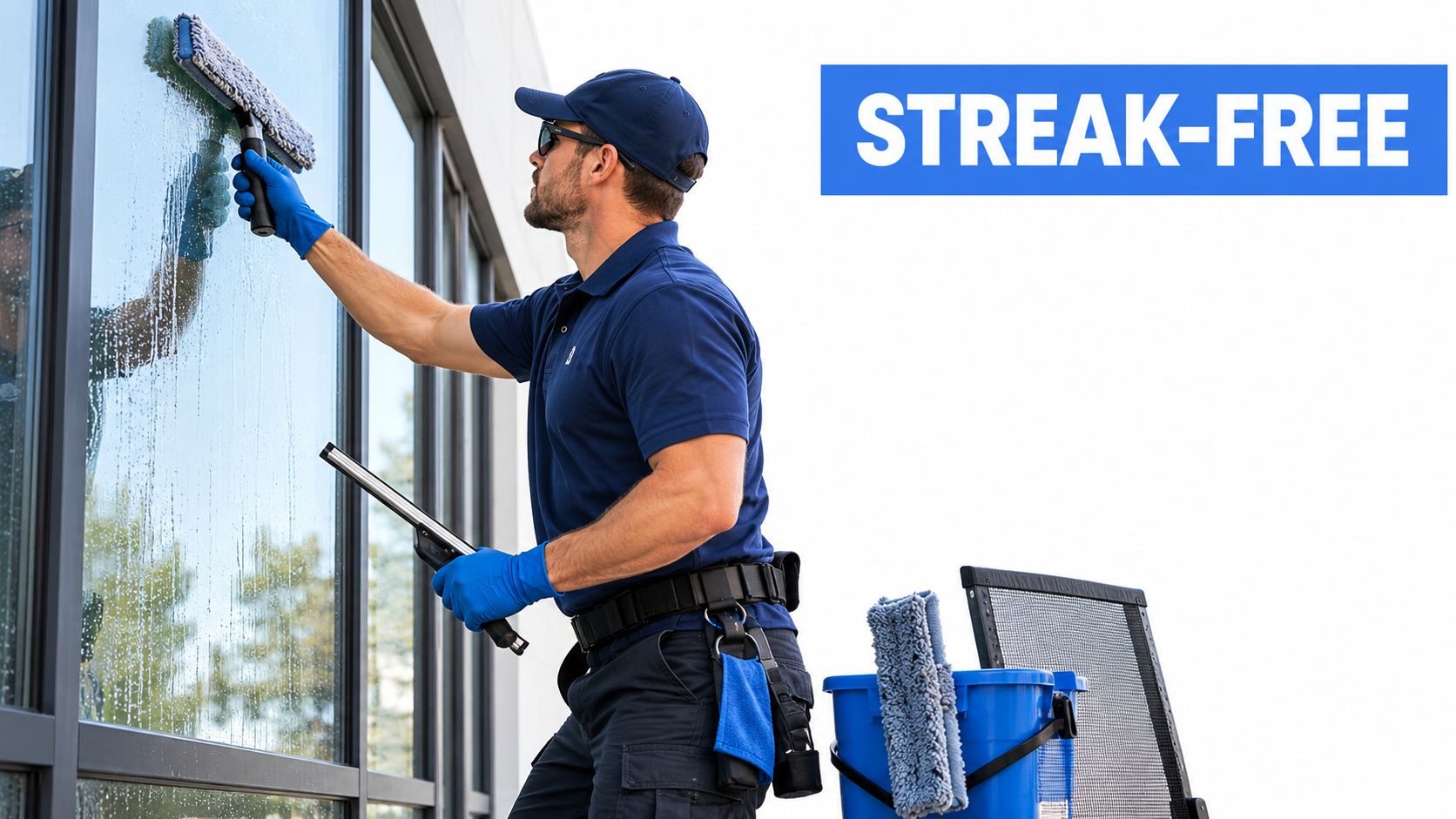 A professional window cleaner wearing blue uniform and gloves cleaning a large glass building window outdoors.