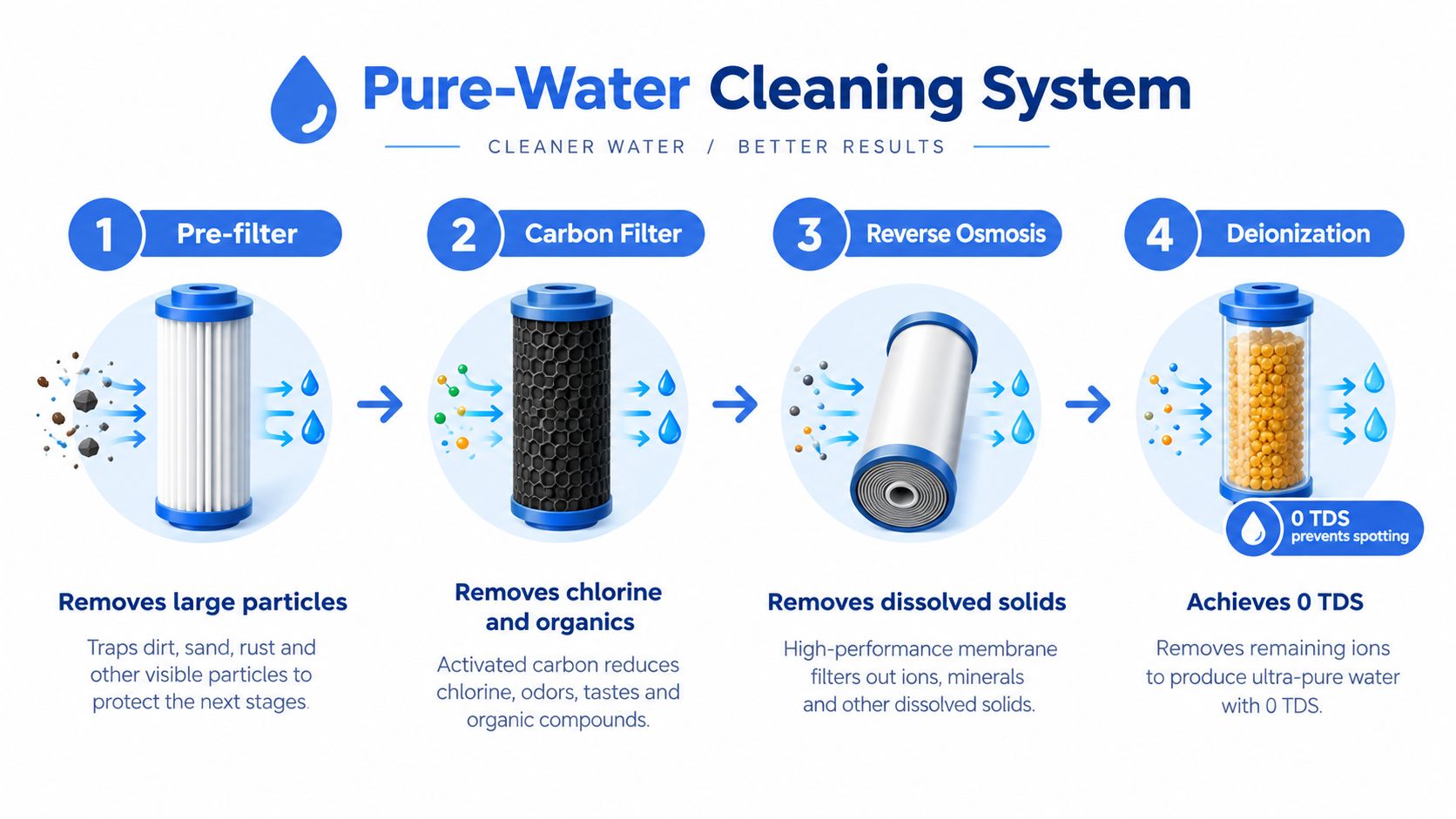 A four-stage water purification infographic showing the process from pre-filtering to deionization for pure cleaning water.