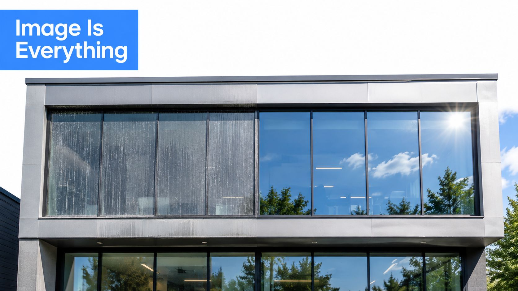 A modern commercial building showing a side-by-side comparison of dirty window glass versus clean, reflective glass.