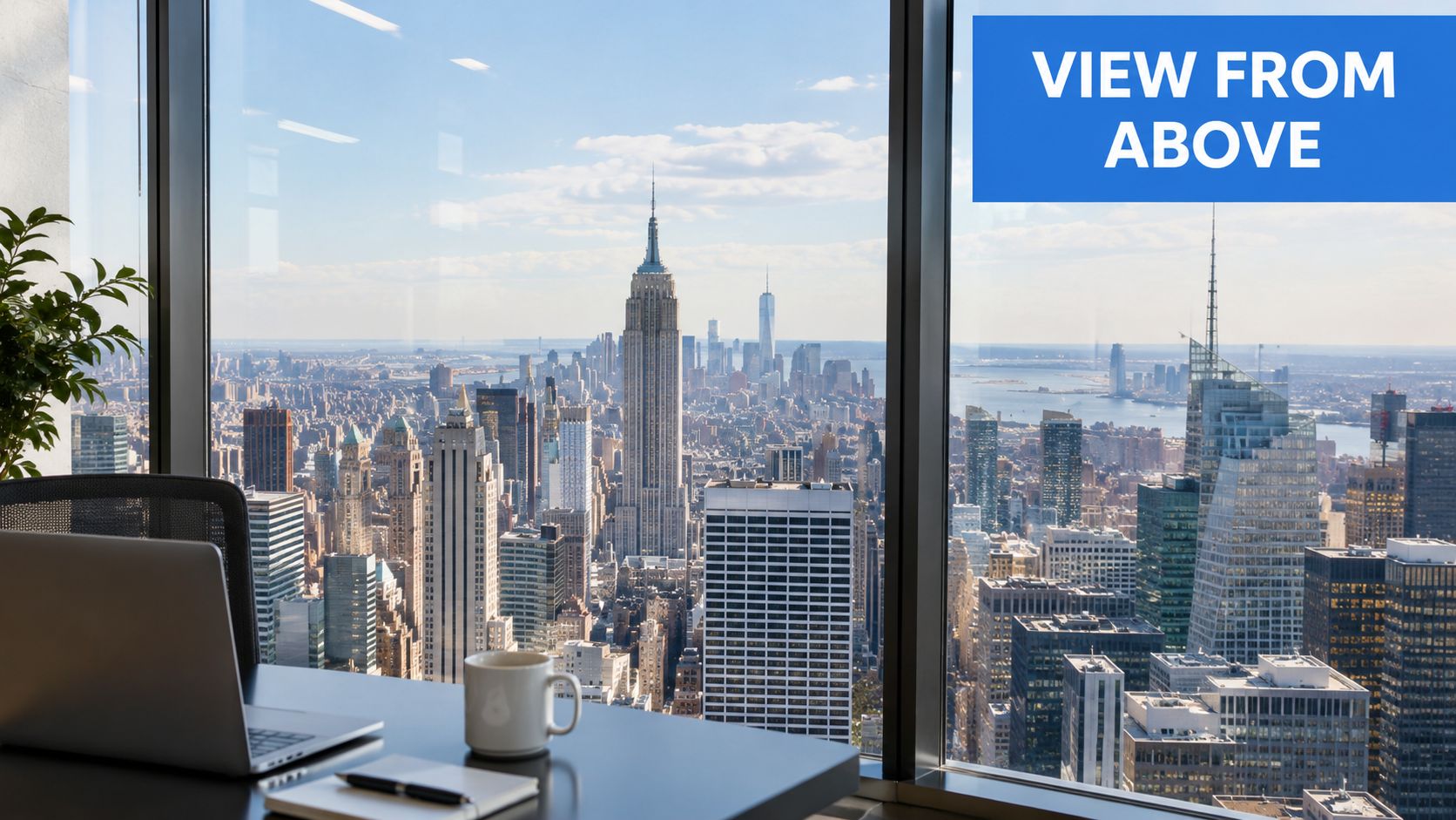 A modern office desk with a laptop and coffee mug overlooking a scenic New York City skyline.