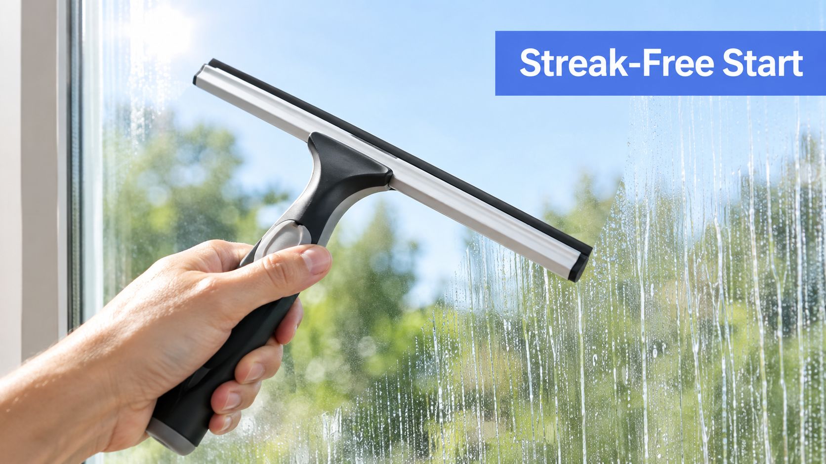 A person using a professional rubber squeegee to clean a glass window, leaving a streak-free surface.