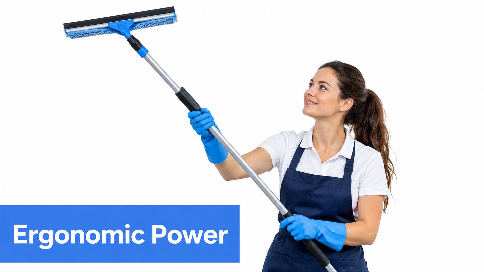 A professional cleaner wearing gloves holding an extendable squeegee for cleaning windows against a white background.