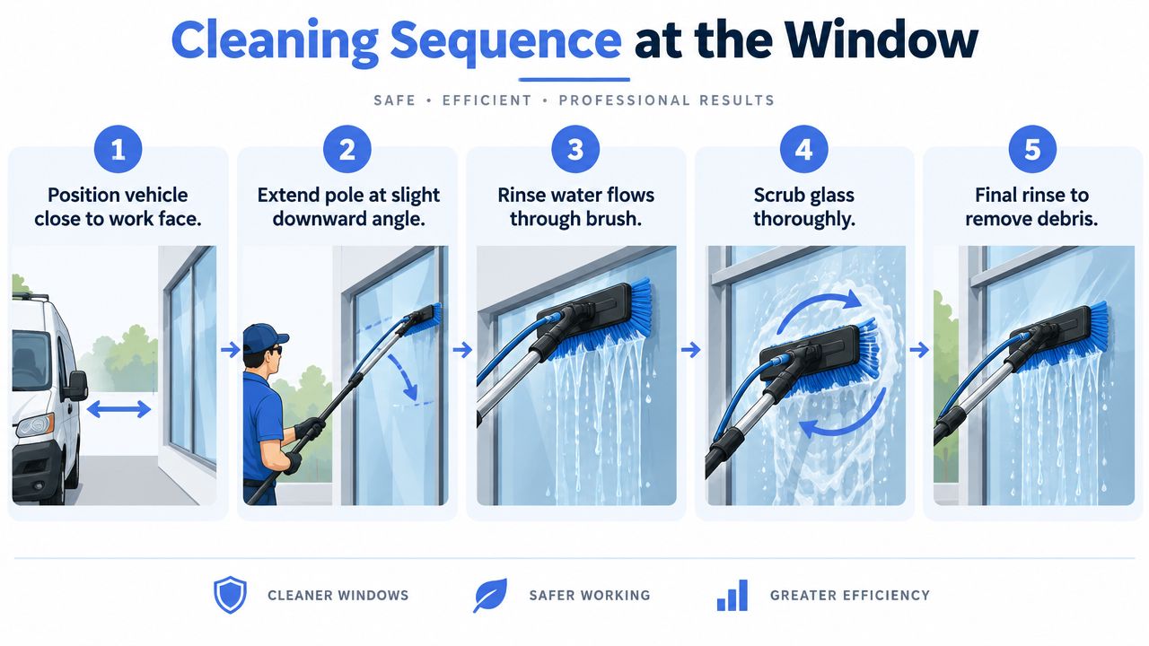 A five-step guide demonstrating the proper technique for water-fed pole window cleaning for professional results.
