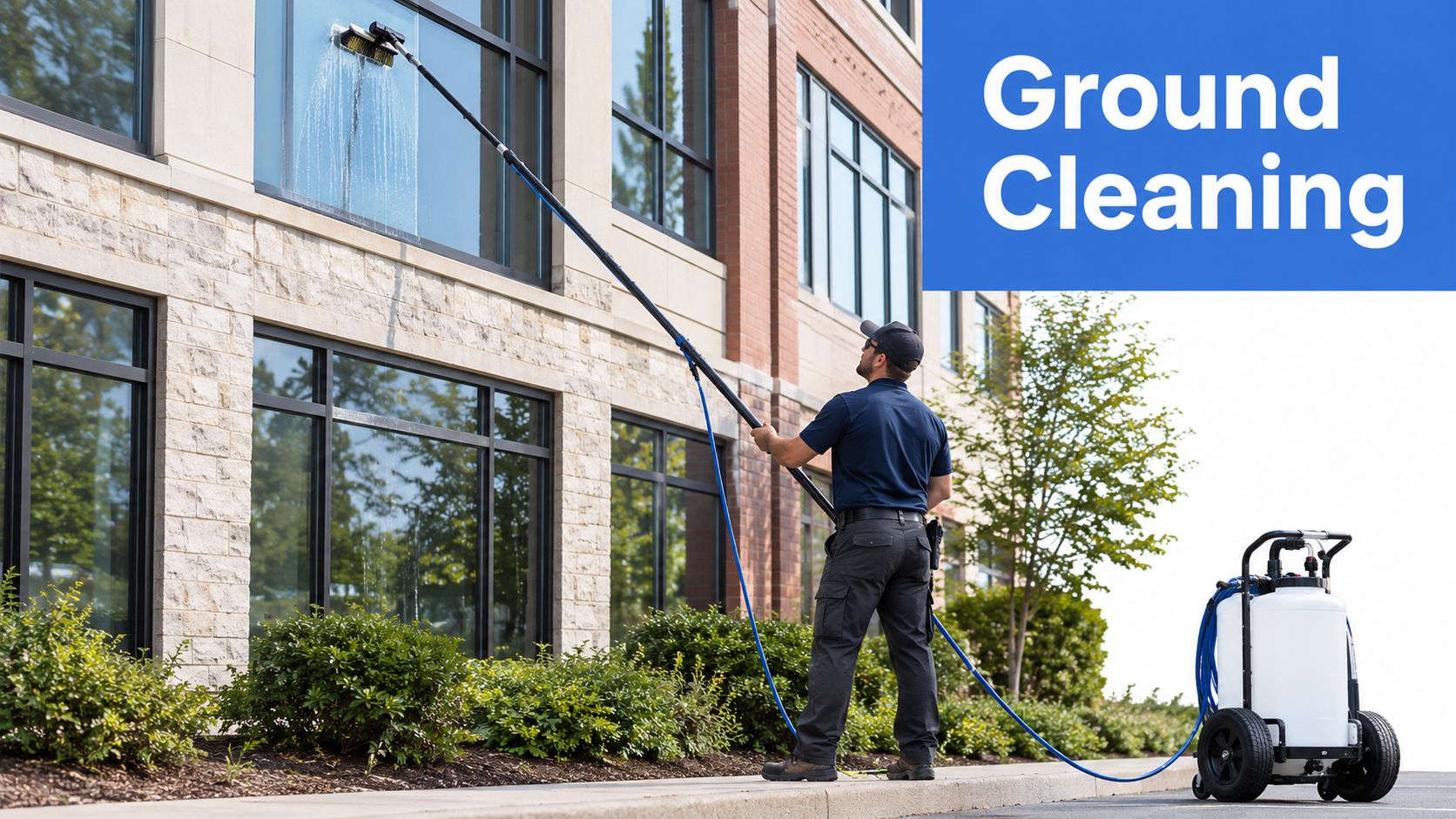 A professional cleaner uses a long water-fed pole to wash the exterior glass windows of a commercial building.