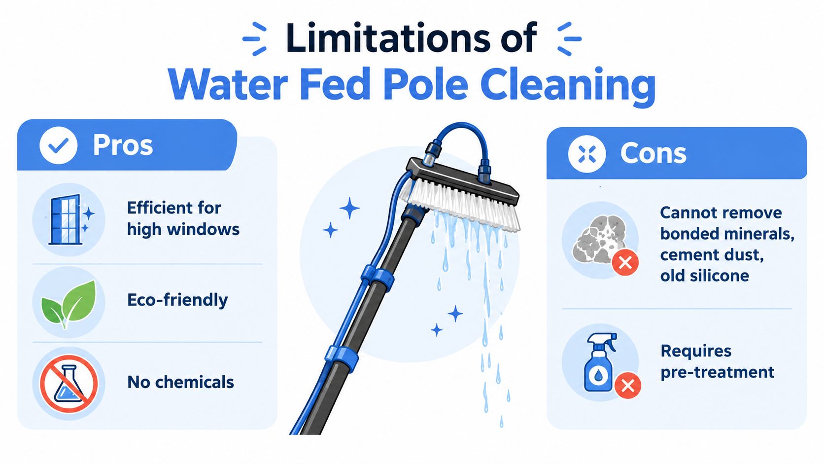 An infographic showing the pros and cons of using water fed pole window cleaning systems for maintenance.