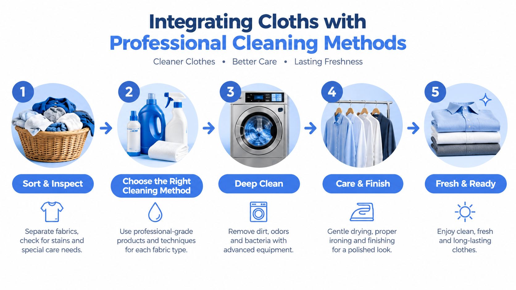 An infographic showing a five-step professional laundry process, from sorting and cleaning to drying and folding clothes.