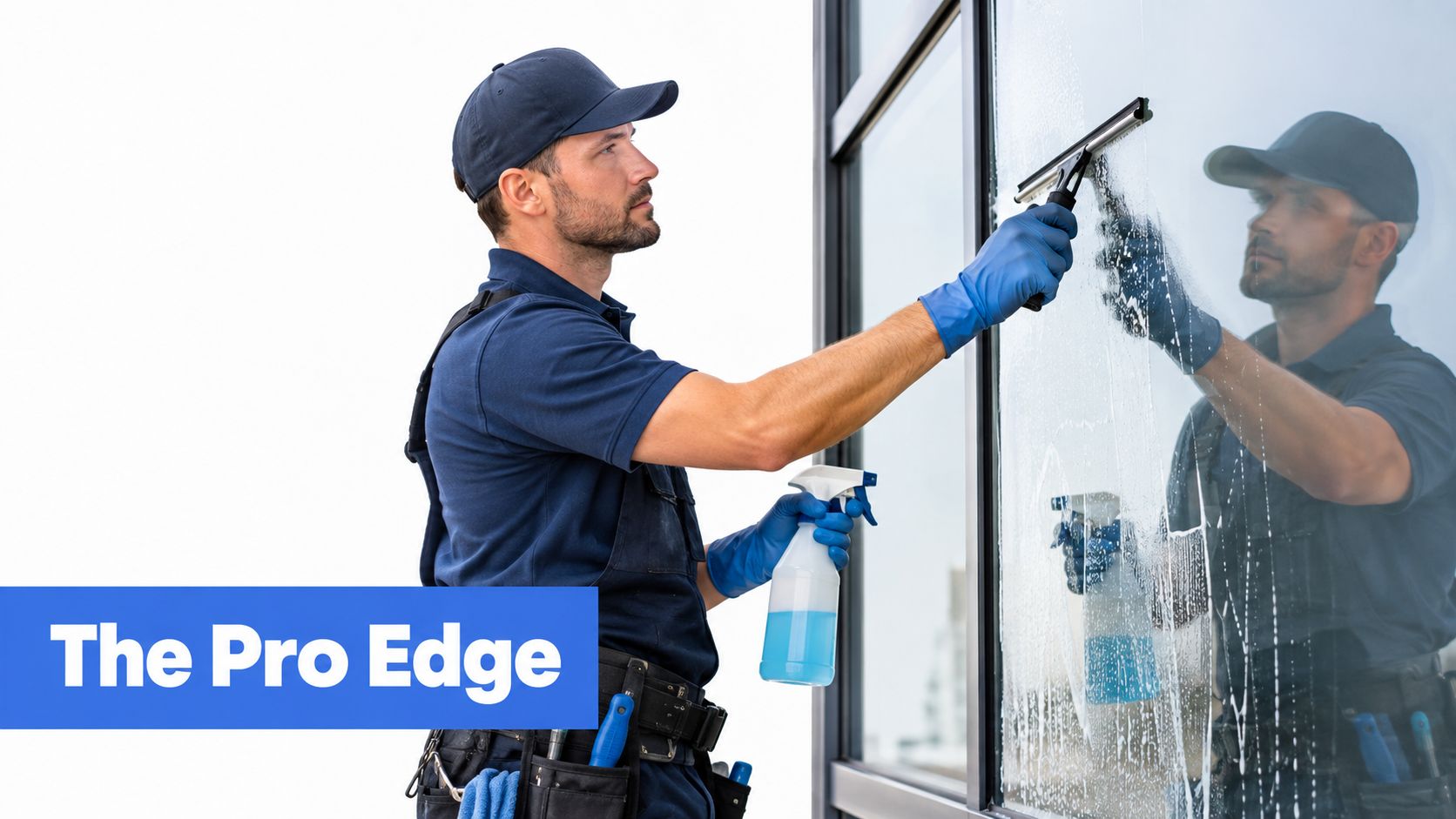 A professional window cleaner wearing a uniform and gloves cleaning a glass surface with a squeegee.