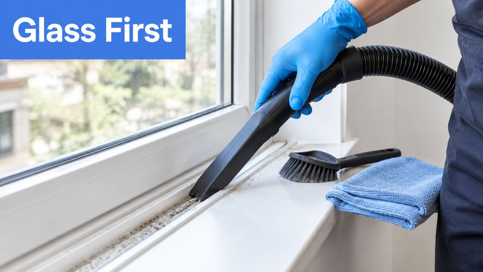 A person wearing blue gloves uses a vacuum cleaner nozzle to clean dust from a window sill.