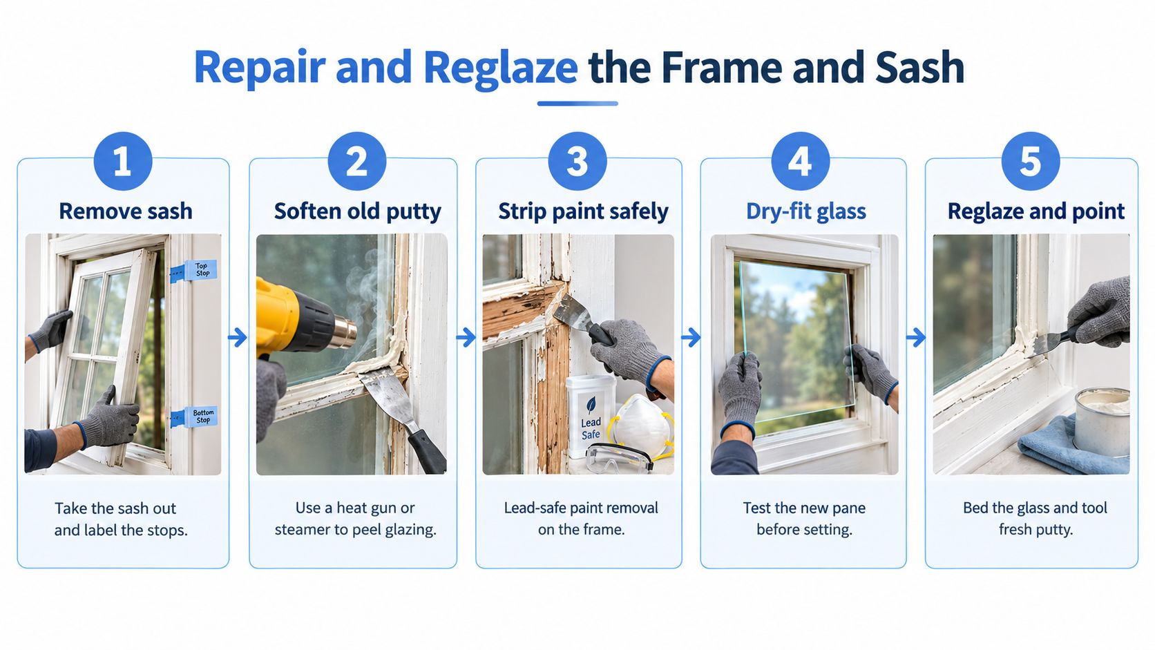 A step-by-step infographic showing how to repair and reglaze a window frame and sash safely.