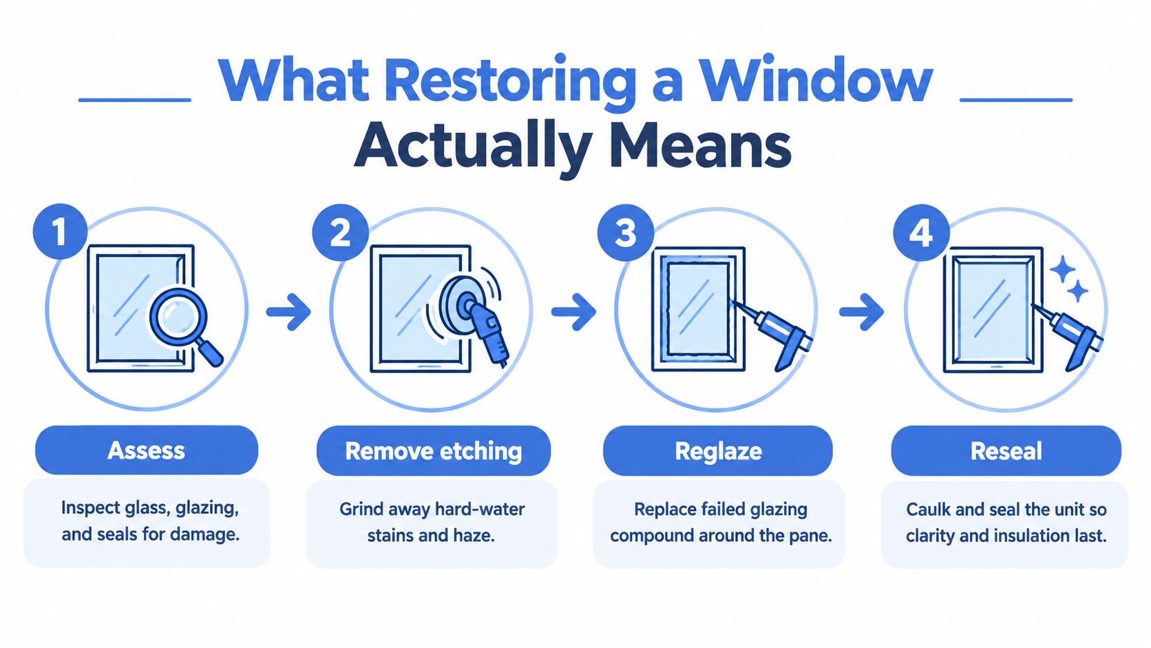 A four-step infographic illustrating the professional process of restoring a window, including assessing, polishing, reglazing, and resealing.