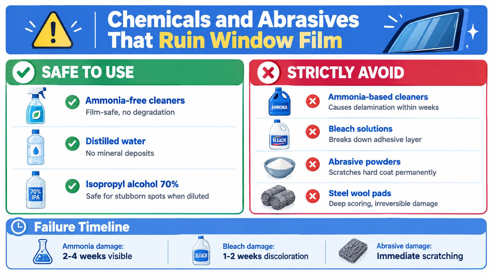 A safety infographic illustrating safe cleaners and harmful substances that can ruin automotive window film.