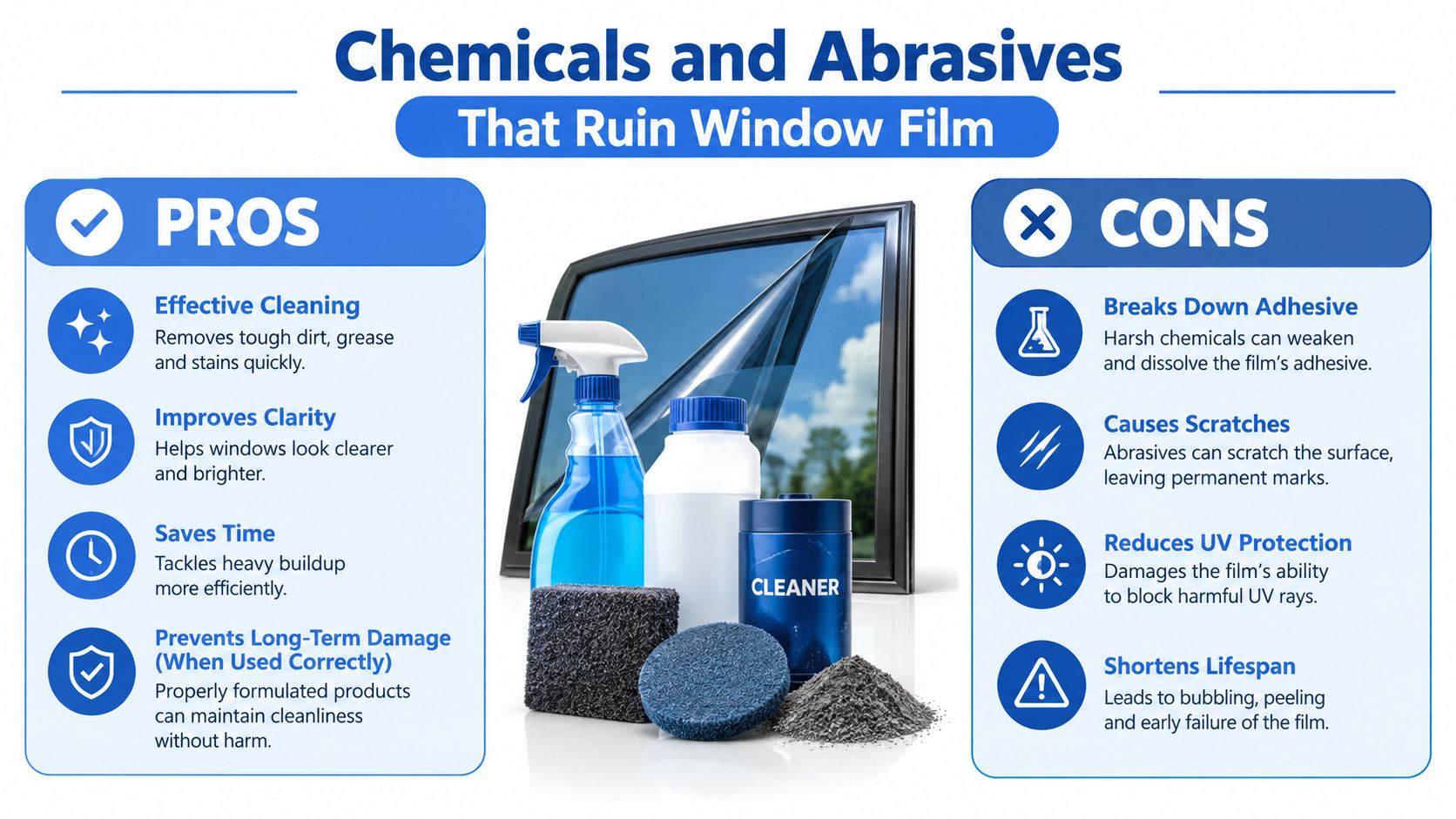 An infographic comparing the pros and cons of using various cleaning chemicals and abrasives on window film.