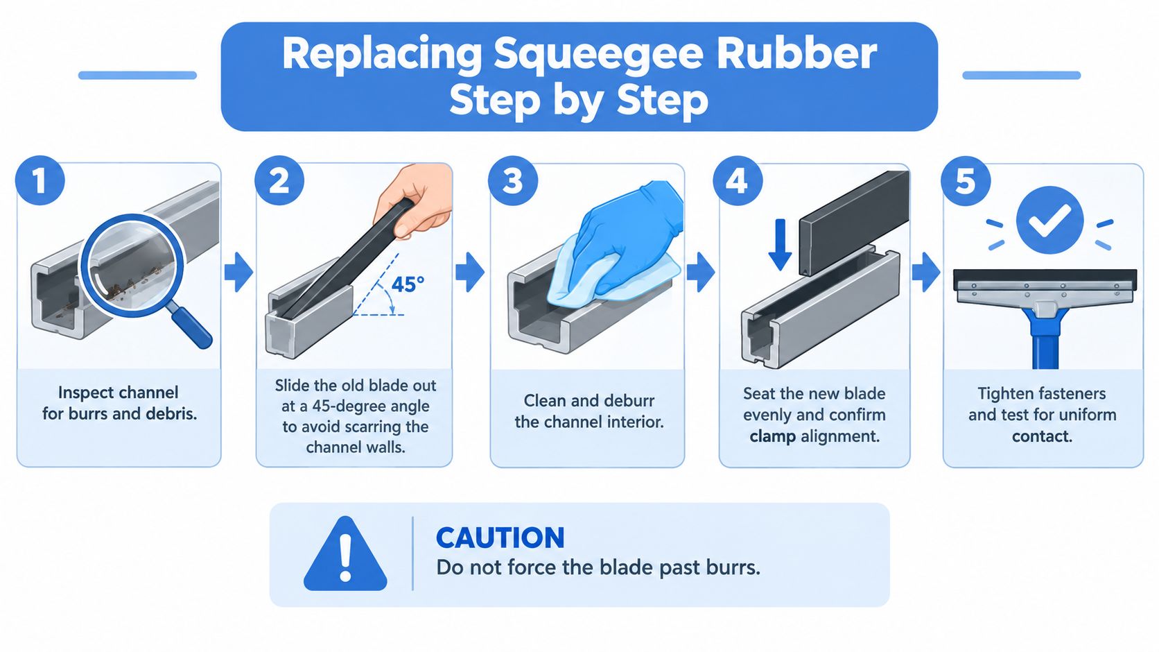 A five-step instructional graphic demonstrating the proper procedure for replacing rubber blades on a professional window squeegee.