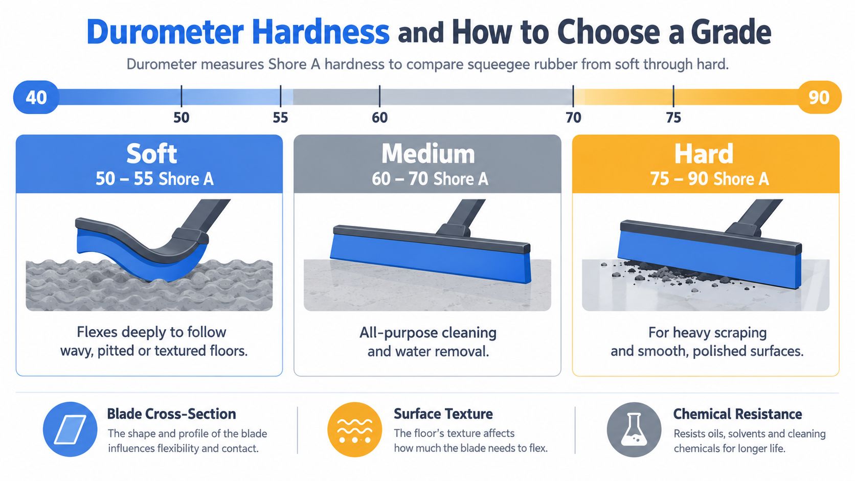 A guide explaining how to choose squeegee rubber hardness based on surface texture, from soft to hard.