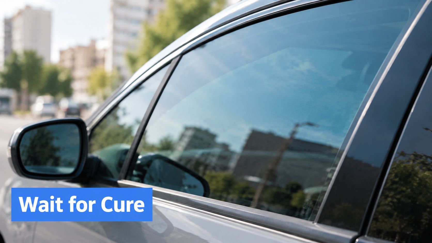 A close-up view of a car side window reflecting buildings and trees under a bright blue sky.
