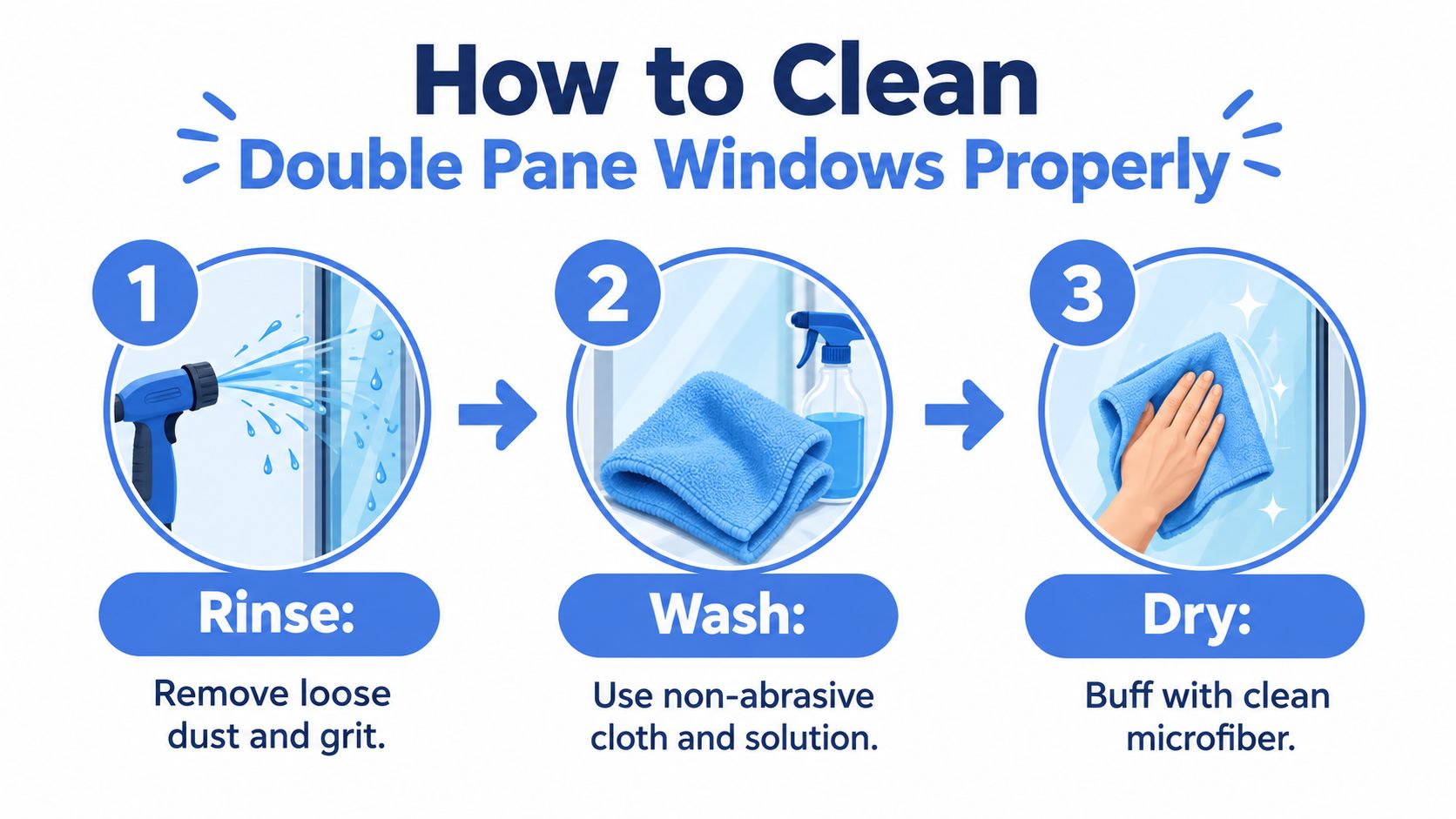 An infographic showing a three-step guide on how to clean double pane windows properly using simple tools.