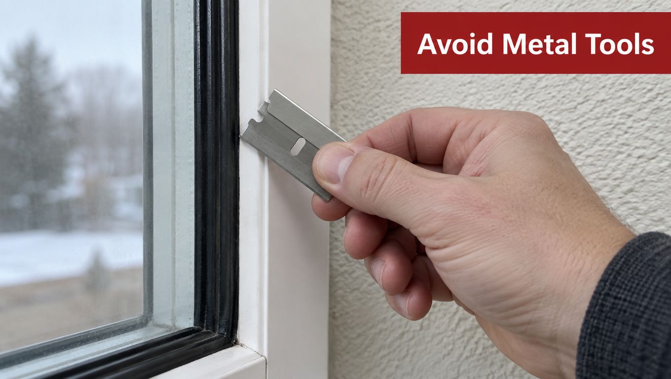 A hand holding a razor blade against a white window frame with text that says Avoid Metal Tools.