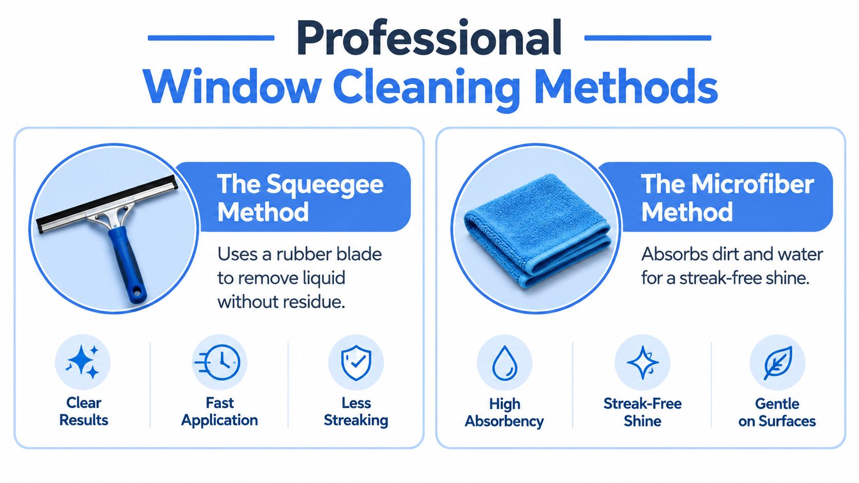 A professional infographic comparing the squeegee and microfiber cloth methods for effective window cleaning.