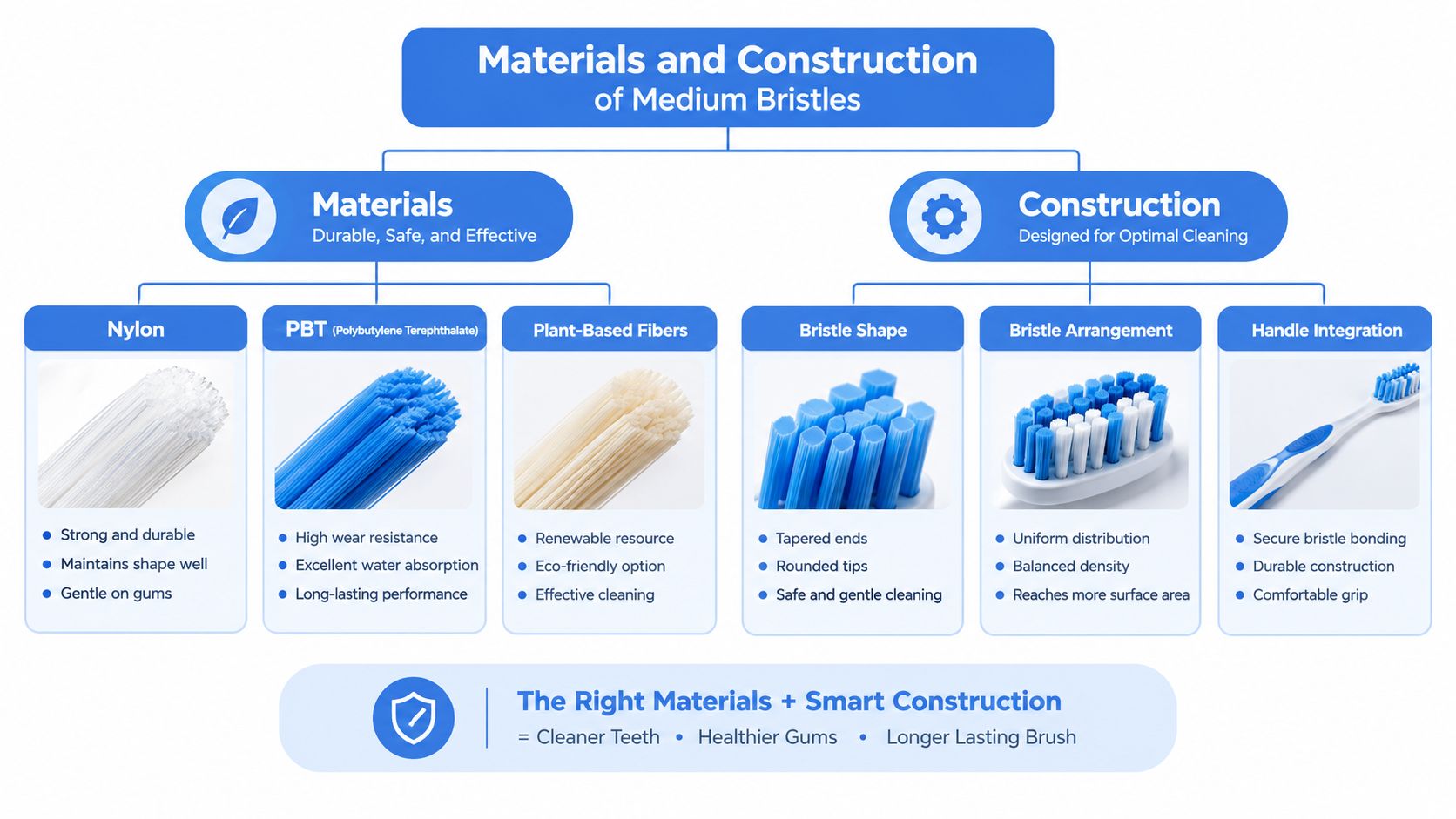 An infographic detailing the materials and construction of medium toothbrush bristles including nylon and plant-based fibers.