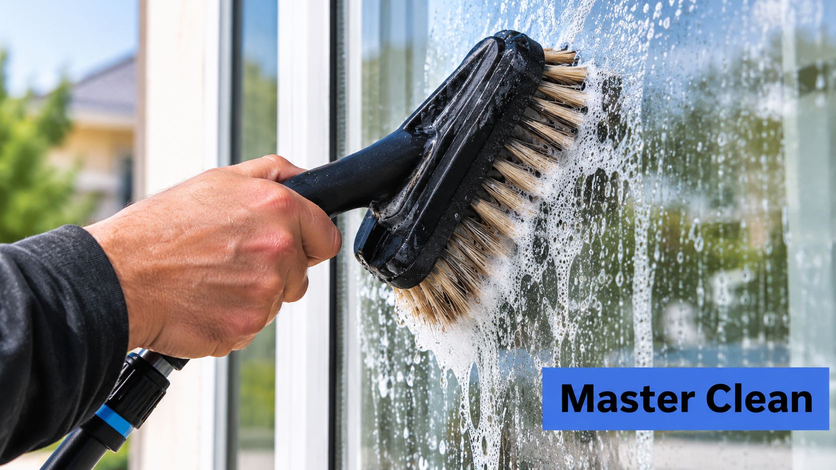 A person using a medium bristle brush with soapy water to clean a glass window outdoors.