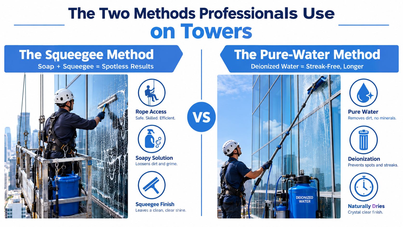 An infographic comparing the squeegee method and pure-water method for professional high-rise building window cleaning.