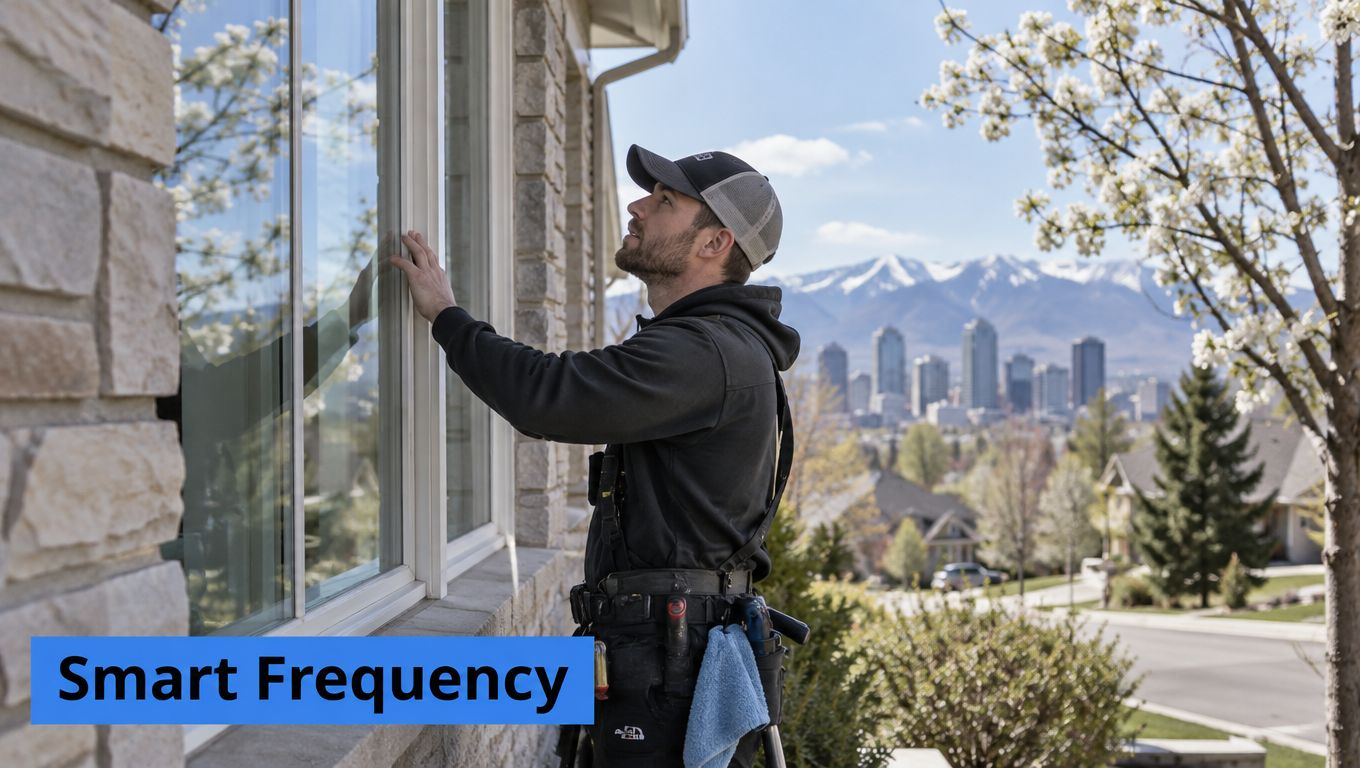 A professional cleaner examines the glass of a residential window on a sunny day.