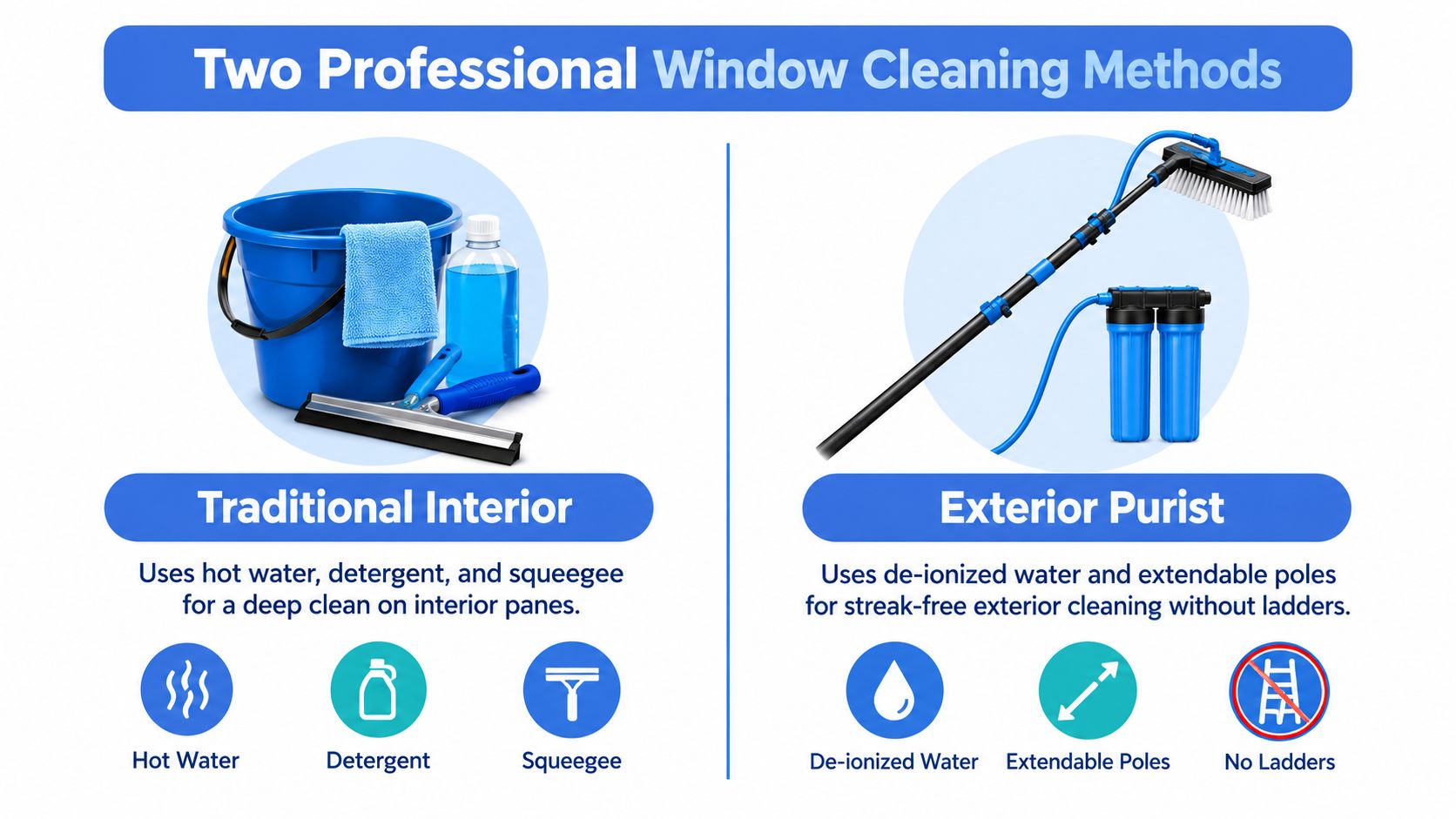 An infographic comparing traditional interior window cleaning with squeegees versus modern exterior pole cleaning methods.