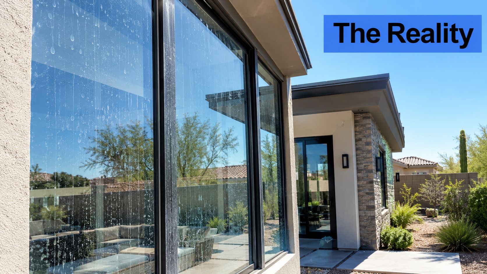 A large residential glass window covered in noticeable water spots and streaks in an outdoor setting.