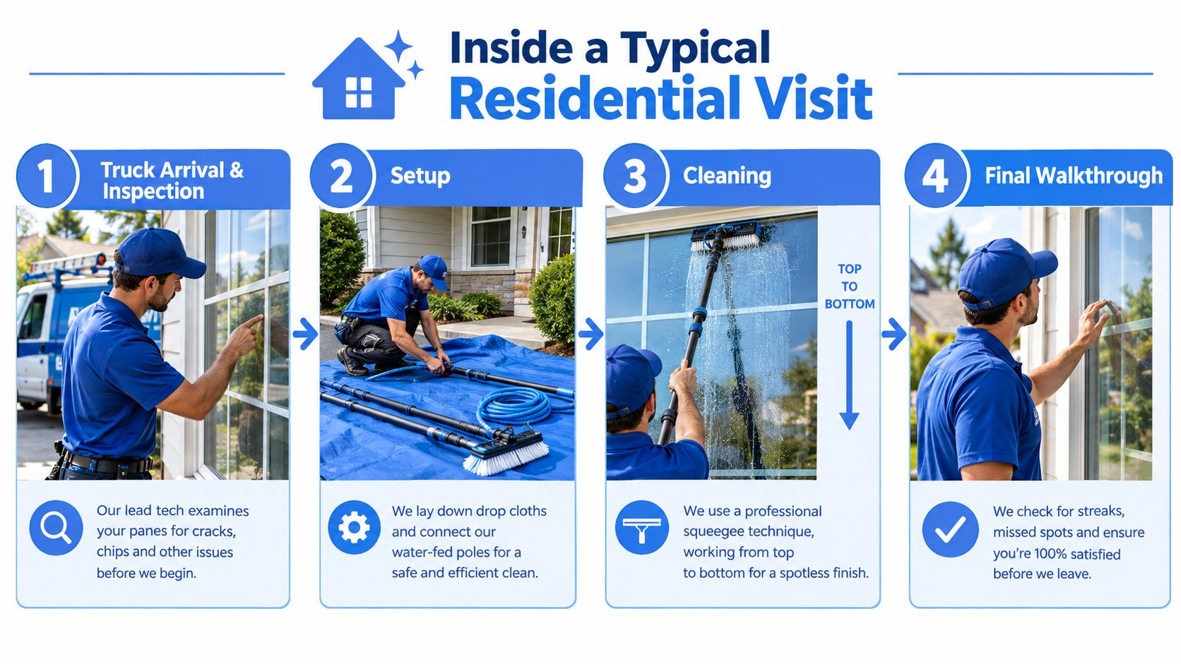 A step-by-step infographic showing a professional technician performing home window cleaning services from inspection to final review.