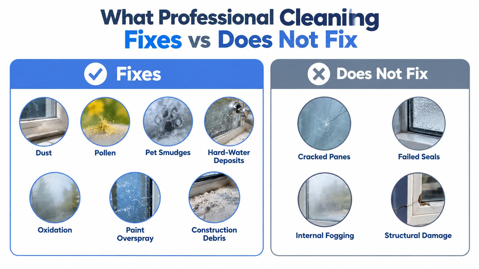 An infographic distinguishing between common window issues that professional cleaning can fix versus those requiring repairs.