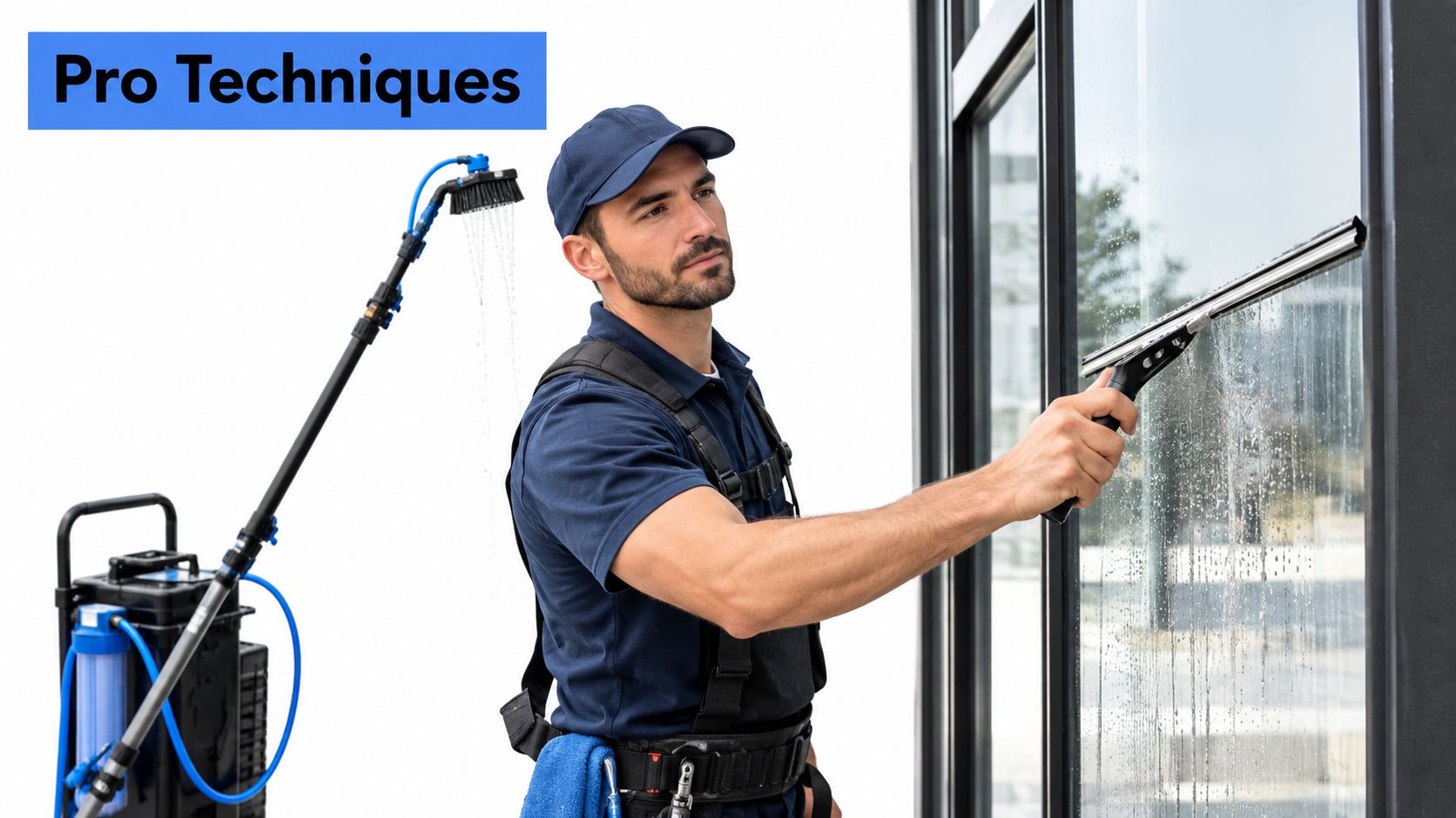 A professional window cleaner using a squeegee to clean a tall glass storefront with specialized equipment.