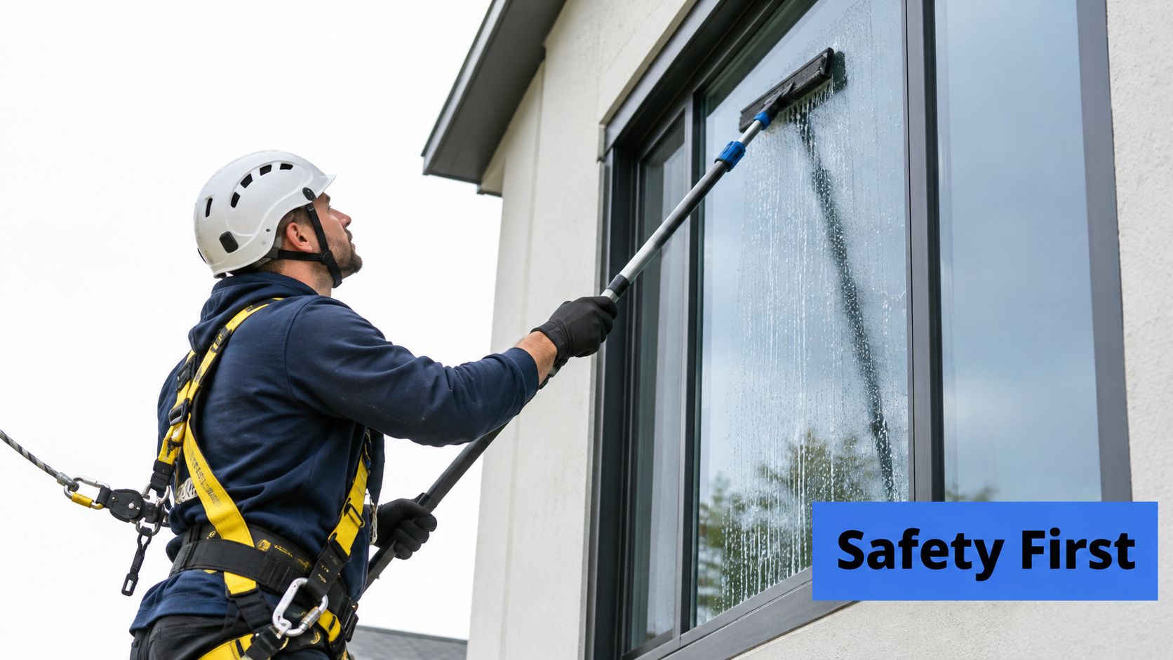 A professional worker wearing a safety harness and helmet while cleaning a large building window.