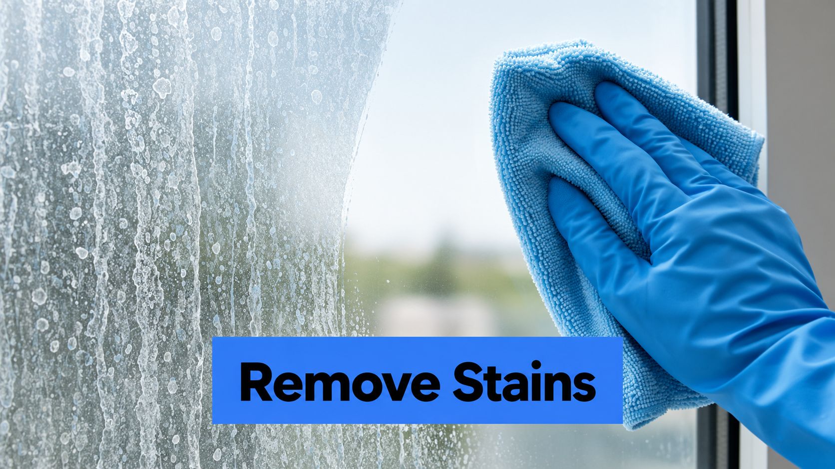 A person wearing blue rubber gloves cleaning a dirty window with a blue microfiber cloth.