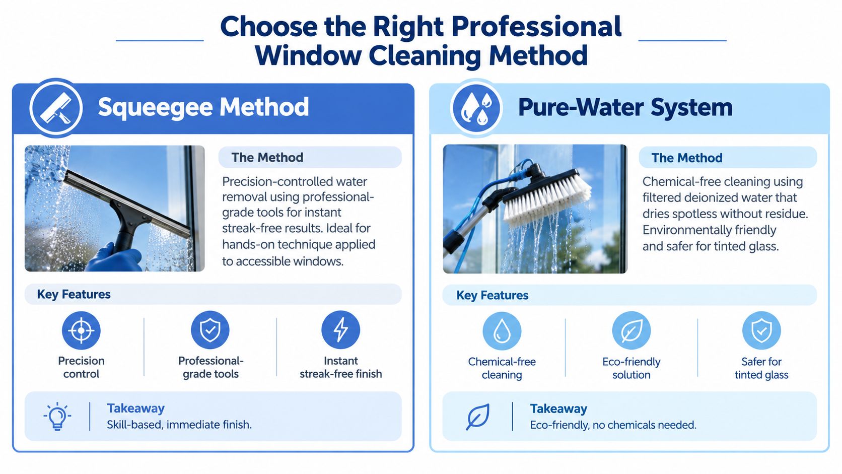 A comparison infographic showing the professional Squeegee Method and Pure-Water System for window cleaning services.