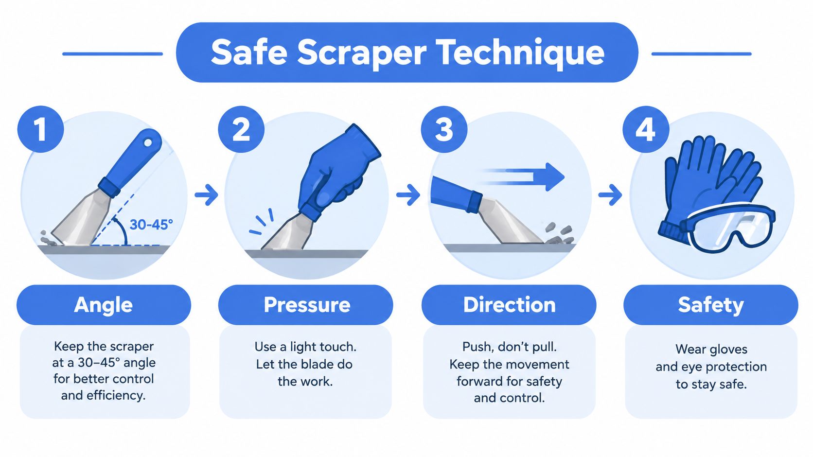 A four-step infographic illustrating the safe and proper technique for using a manual handheld scraper tool.