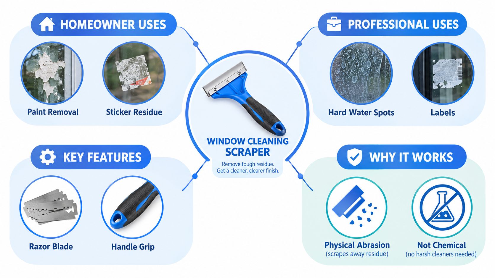 An infographic showing a blue window cleaning scraper and its various home, professional, and functional features.