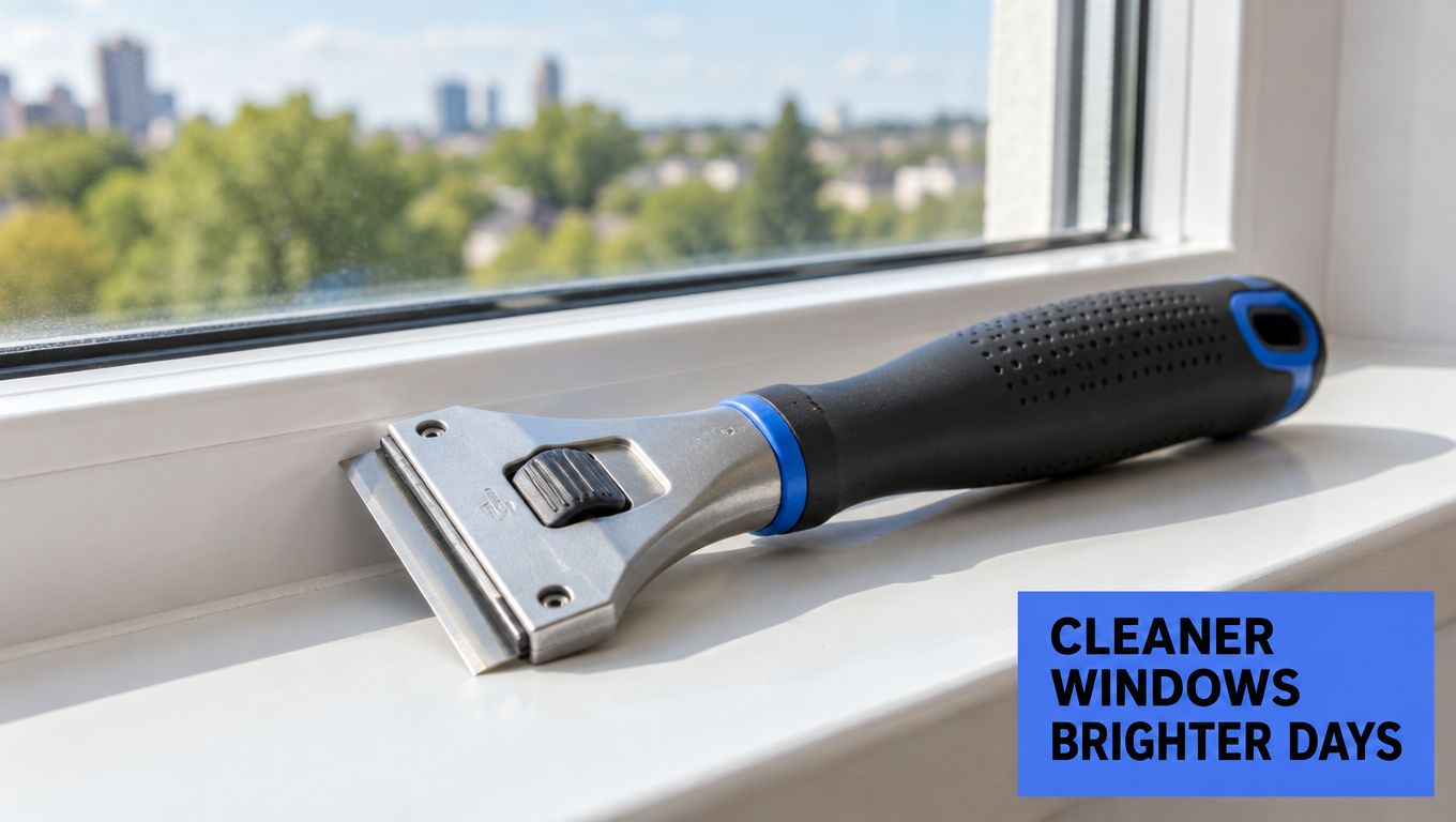 A close-up of a window cleaning scraper resting on a white windowsill with a cityscape background.