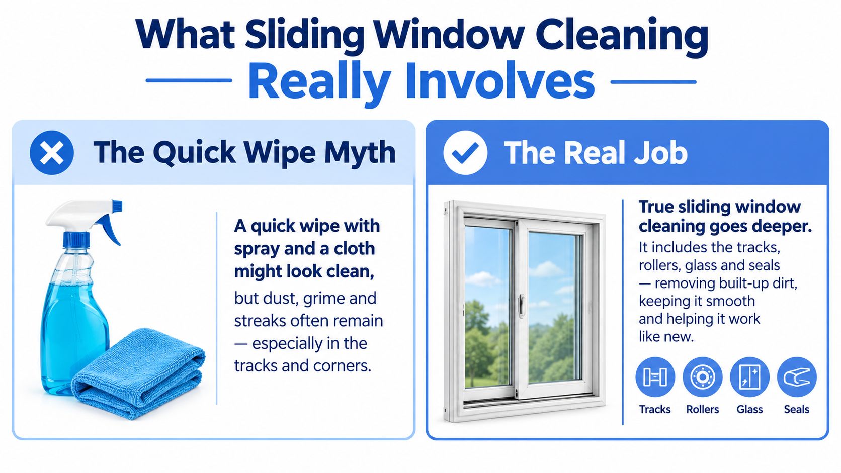 An infographic comparing a quick wipe to a thorough sliding window cleaning process including tracks and rollers.