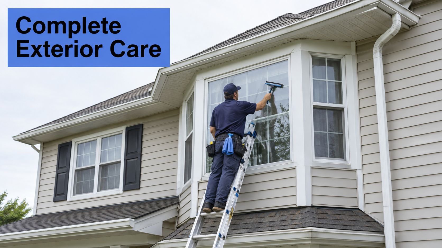 A professional window cleaner wearing a blue uniform washes the exterior glass of a two-story residential house.