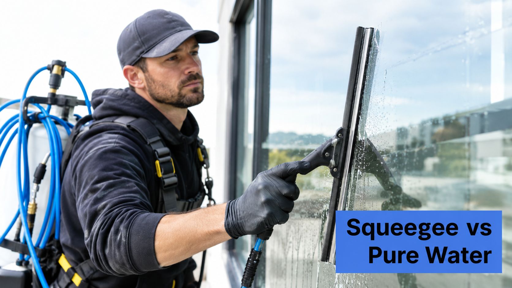 A professional window cleaner wearing a backpack system using a squeegee to clean a glass surface.