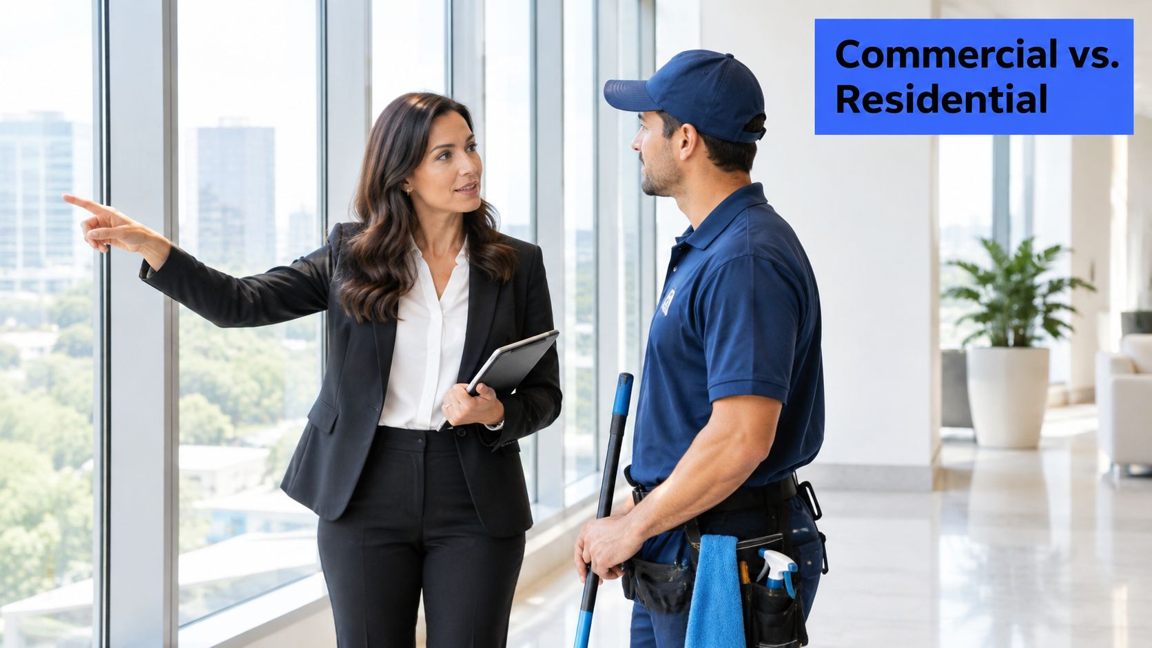 A professional businesswoman pointing out a window to a janitor inside a modern office building.