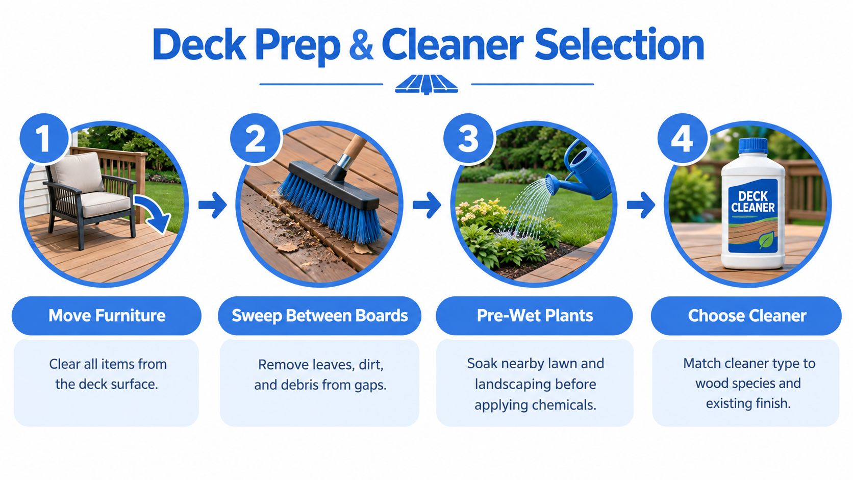 A four step infographic showing the process for preparing a deck before staining or applying cleaner.