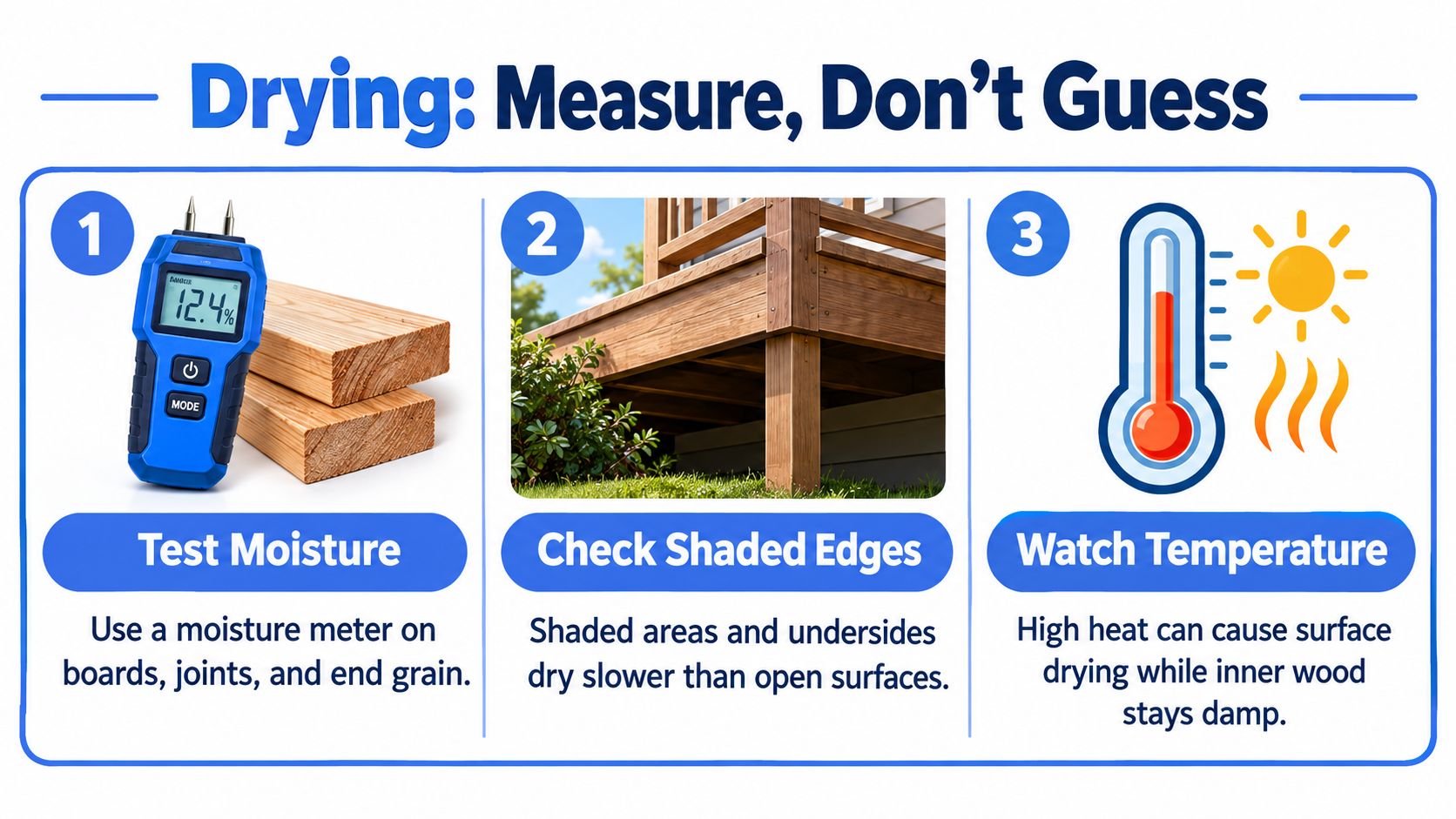 An infographic titled Drying: Measure, Don't Guess, explaining how to properly dry wood before staining projects.